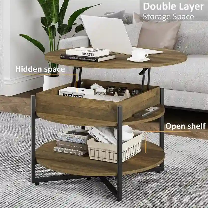 Runder Couchtisch aus Holz mit anhebbarem Oberteil - 31.5D x 31.5W x 17.35H
