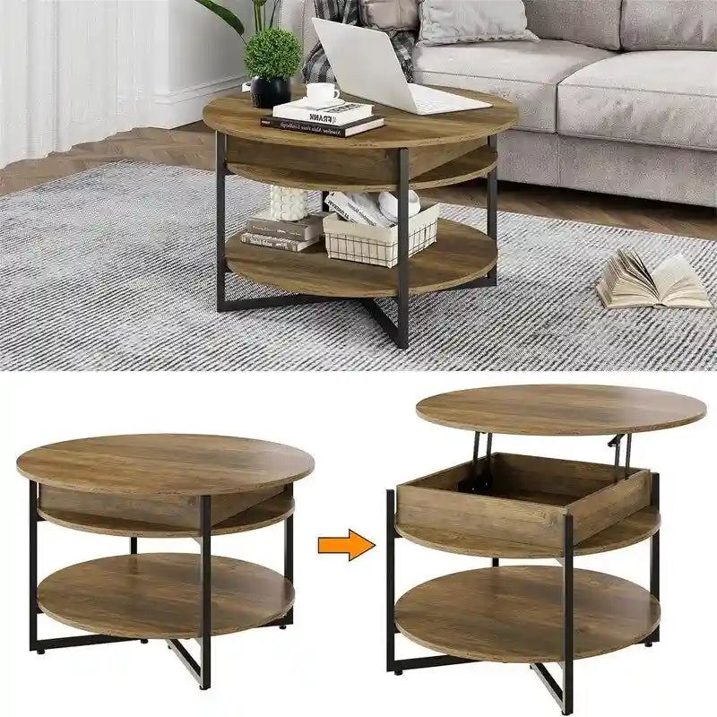 Runder Couchtisch aus Holz mit anhebbarem Oberteil - 31.5D x 31.5W x 17.35H