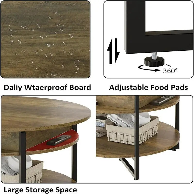 Mesa de centro circular de madera con tapa elevable - 31.5D x 31.5W x 17.35H