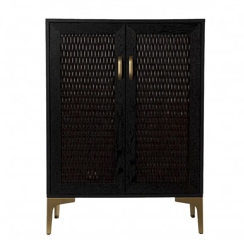 Armoire de bar moderne rustique noire et dorée en faux rotin