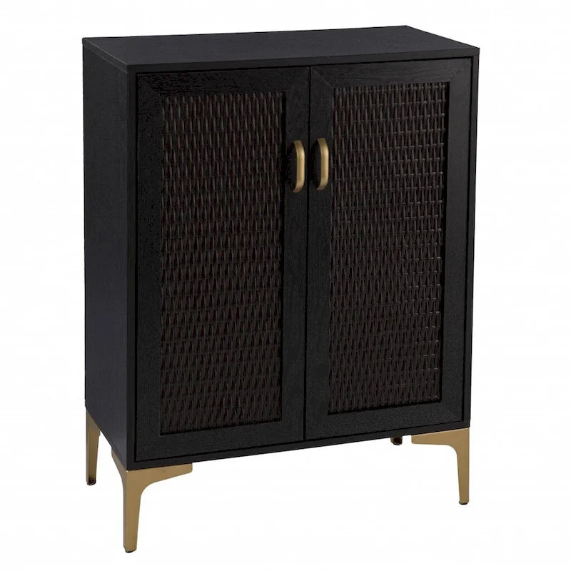 Mueble bar moderno rústico negro y dorado con ratán sintético