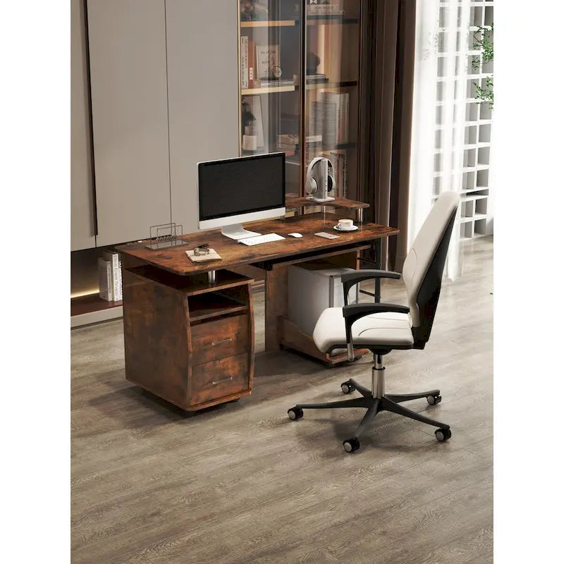 Computertisch aus Massivholz, Schreibtisch mit PC-Schublade, Ablagefächern und Aktenschrank, zwei Schubladen, CPU-Halterung, ein Regalboden