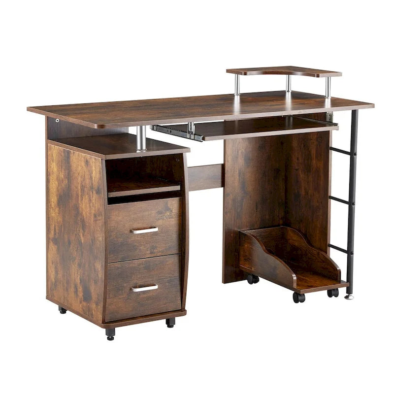 Computertisch aus Massivholz, Schreibtisch mit PC-Schublade, Ablagefächern und Aktenschrank, zwei Schubladen, CPU-Halterung, ein Regalboden