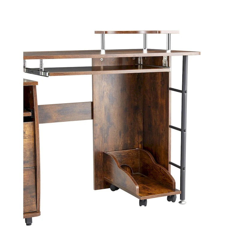 Computertisch aus Massivholz, Schreibtisch mit PC-Schublade, Ablagefächern und Aktenschrank, zwei Schubladen, CPU-Halterung, ein Regalboden