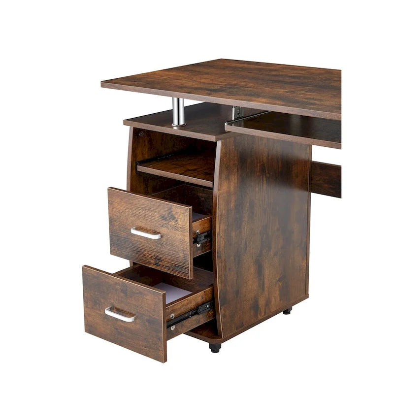 Computertisch aus Massivholz, Schreibtisch mit PC-Schublade, Ablagefächern und Aktenschrank, zwei Schubladen, CPU-Halterung, ein Regalboden