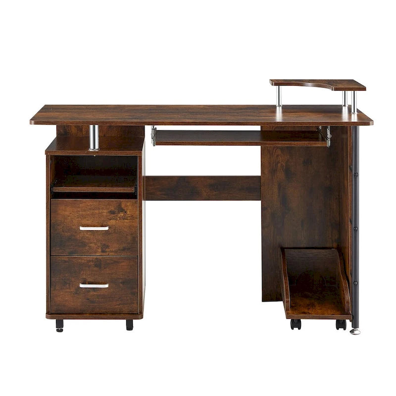 Computertisch aus Massivholz, Schreibtisch mit PC-Schublade, Ablagefächern und Aktenschrank, zwei Schubladen, CPU-Halterung, ein Regalboden