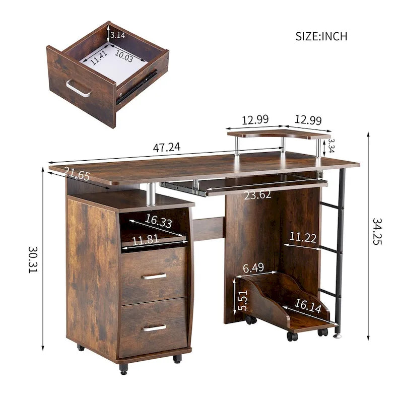 Computertisch aus Massivholz, Schreibtisch mit PC-Schublade, Ablagefächern und Aktenschrank, zwei Schubladen, CPU-Halterung, ein Regalboden